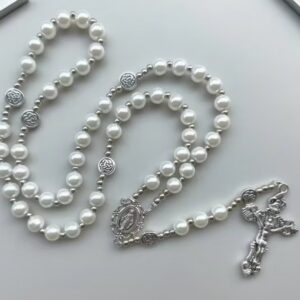 Rosary - pearl white with Silver Celtic Our Father Beads