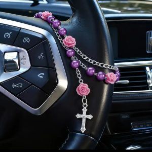 Car Rosary - purple with pink roses