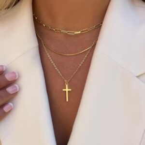 Triple layer gold necklace with cross