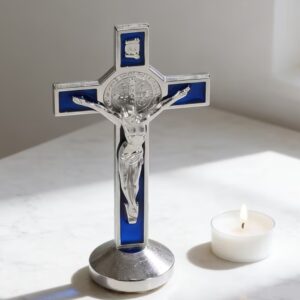 Desktop Crucifix- silver and navy blue