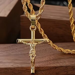 Rope link gold-plated necklace with crucifix pendant
