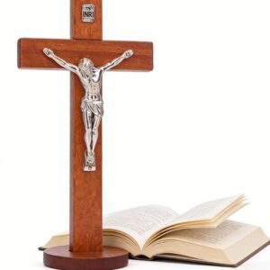 Large wooden desktop crucifix with circular base